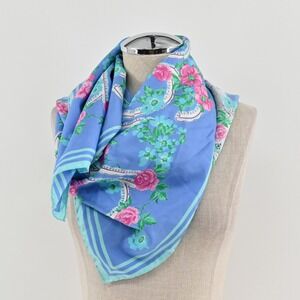 Vintage Ungaro Silk Scarf 33" Floral Blue Paisley‎ Rolled Edge Italy Maximalist
